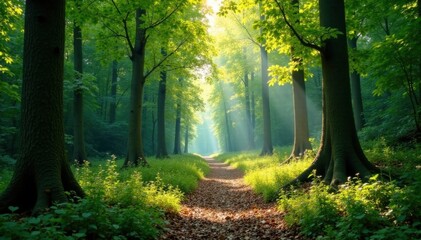 Obraz premium Panorama of a forest with sunlight filtering through the trees, casting dappled shadows on the ground, trees, daytime, landscape