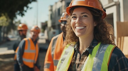 Smiling female construction worker, city street, team, project