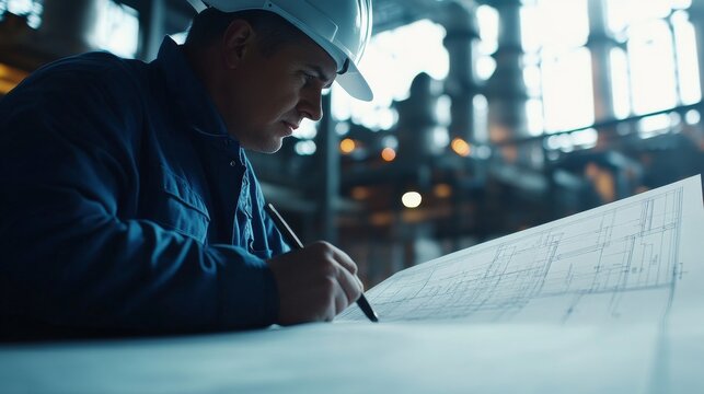 Piping engineer reviewing schematics at an industrial oil refinery. Featuring technical expertise and precision