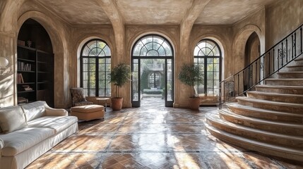 Fototapeta premium Sunlit Grandeur: A Luxurious Interior with Arched Windows and a Majestic Staircase