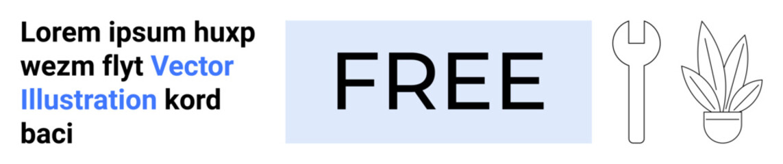 Bold FREE text in focus framed by simple wrench, potted plant. Ideal for marketing, promotions, advertising, repairs, DIY, environmental branding, flat landing page banner