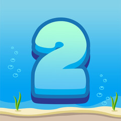 Number 2 Illustration with Gradient Blue Background, Bubbles, and Ocean Floor Details Featuring Sand and Seaweed
