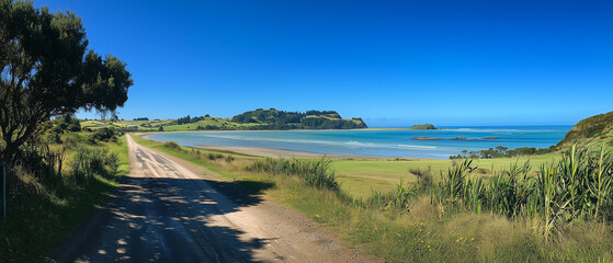 Panoramic view of coastal road and clear blue sky 