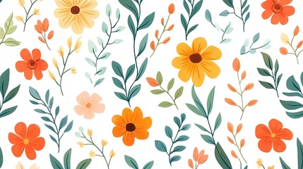 Lively tropical foliage and flower design in seamless repeat style. solated on a white background   