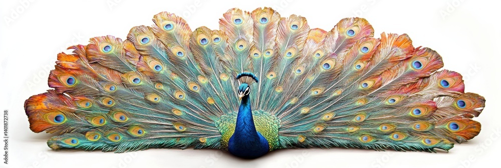 Aufkleber peacock showing splendid tail feathers with vibrant colors against a white background in a natural d
