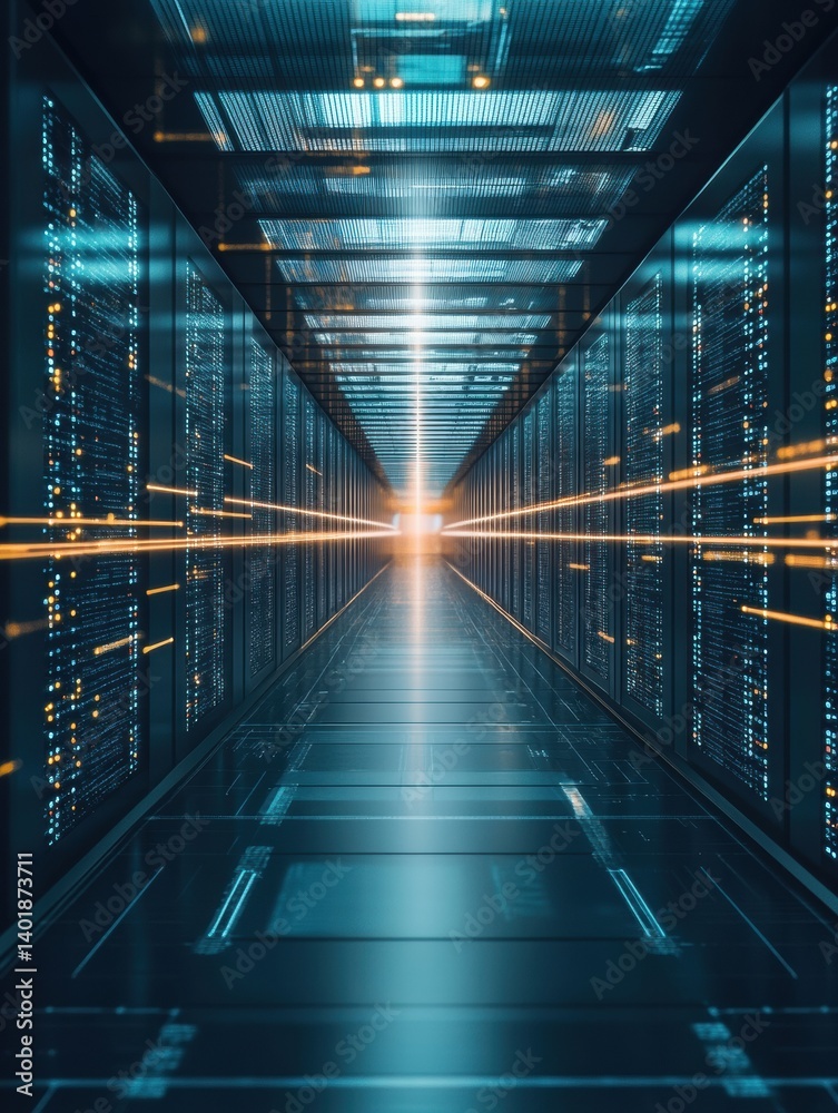 Poster Futuristic perspective view of a clean data corridor with rows of fading tables illuminated by a grid of light