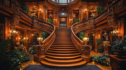 Obraz premium Grand Wooden Staircase in a Luxurious Mansion