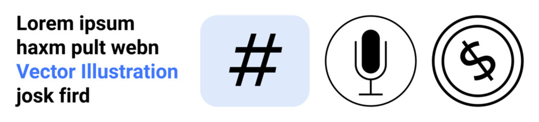 metadata tag box, microphone, currency symbol in black circles. Ideal for social media, tech innovation, digital branding, online marketing, global economy, business strategy abstract line flat