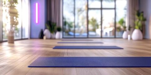 Fototapeta premium Cozy yoga room - spacious retreat, meditation space, stretching area, relaxation corner, fitness sanctuary, holistic practice, comfortable flooring, wellness ambiance, peaceful atmosphere .