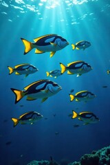 Obraz premium School of fish swimming together in ocean blue background, seafood market, school