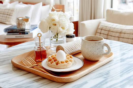 Elegant Breakfast Tray with Waffles and Eggs
