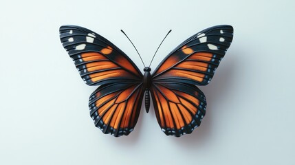 Fototapeta premium Detailed view of a vibrant orange and black butterfly, wings spread, against a plain white background.