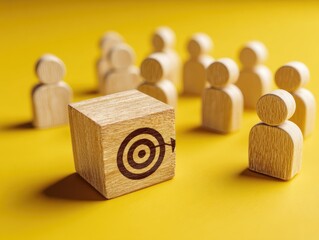 Focused team aiming for target.  Wooden blocks, people figures represent a group concentrating on a common objective.  A central block, marked with a target, symbolizes the shared goal