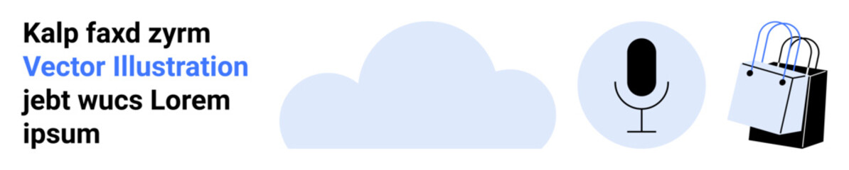Cloud in center, microphone symbolizing voice technology, and shopping bags for e-commerce. Ideal for technology, shopping, modern business, communications, AI, innovation flat landing page banner