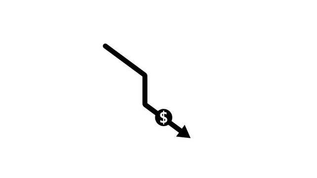 Money crisis icon,Financial crisis icon,Dollar rate decrease vector line icon,Money symbol with down arrow,falling arrow info graphic glyph icon.