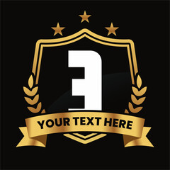 Elegant Number 3 Emblem Design with Gold Laurel Wreath, Stars, and Customizable Ribbon on Black Background