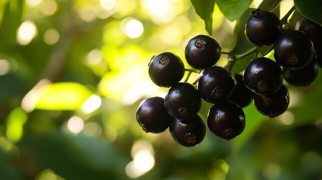 Fresh java plum fruits close up shot, healthy food benefits and nutritional value, syzygium cumini tree