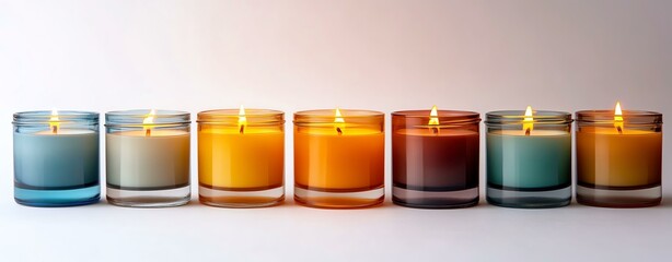 Fototapeta premium A beautifully arranged collection of colorful candles glowing softly, creating a warm and inviting atmosphere for relaxation.