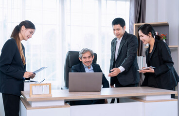 successful senior boss during business meeting,employees having conference in boardroom,conversation,consulting,discussing