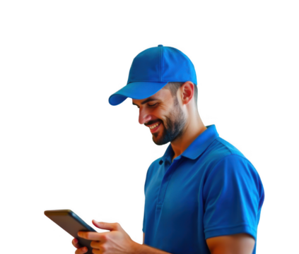 Smiling male courier in blue uniform and cap using tablet and looking at screen in profile with focused and cheerful expression on transparent background.