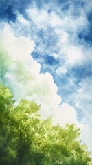 Obraz premium Serene Landscape with Blue Sky and Lush Green Trees in Watercolor