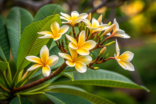 Close-Up of a Stunning Subtropical Frangipani Plant with Vibrant Green Leaves and White-Yellow Kath golap Flowers