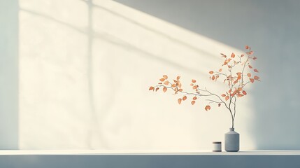 Captivating still life of branch with autumn leaves minimalist interior hyperrealistic image calm environment close-up high fidelity