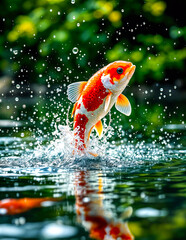 Dynamic Red Koi Fish Leaping in Serene Pond