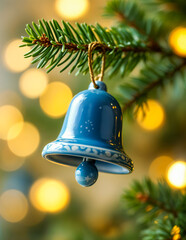 Shiny Blue Bell Ornament Hanging on a Christmas Tree Branch
