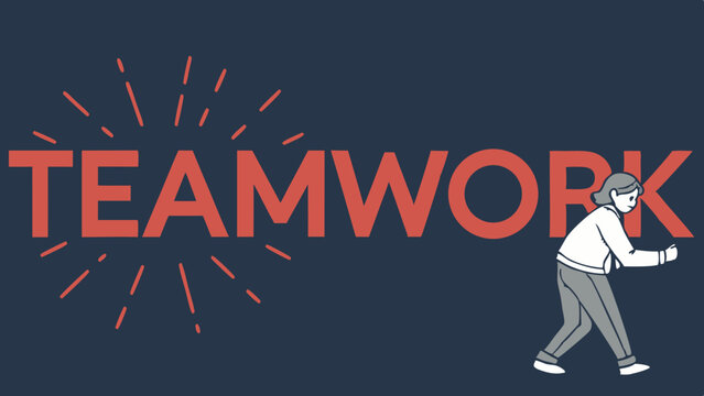 Bright Red TEAMWORK on dark blue background brilliantly backlit with light rays shining through. vector ,illustration
