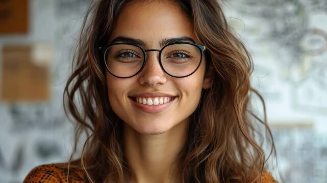 Smiling Woman with Glasses: A radiant young woman with a captivating smile and elegant glasses exudes confidence and warmth, ready to inspire and engage viewers with her genuine expression.