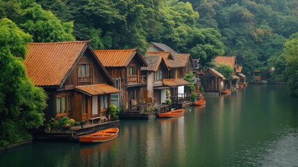 Obraz premium Wooden houses on a tranquil river, nestled amidst lush greenery. Serene waterfront village