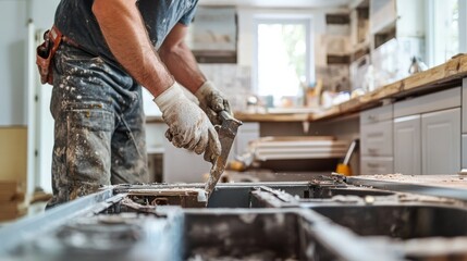 Plumber removing old pipes in a kitchen renovation. Featuring technical skill and expertise