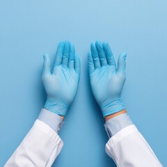 Obraz premium A pair of blue nitrile examination gloves, worn by someone in a white lab coat
