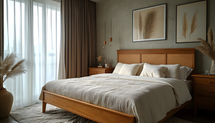 Bright Minimalist Bedroom Interior Design with Wooden Bed and Neutral Decor
