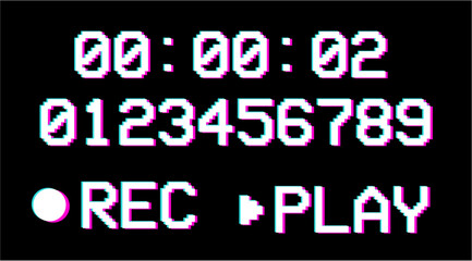 Pixel number, rec, play text, Retro record effect, Camera viewfinder rec 