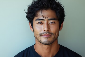 Obraz premium Handsome Asian man portrait; dark hair, stubble, calm look against pale wall