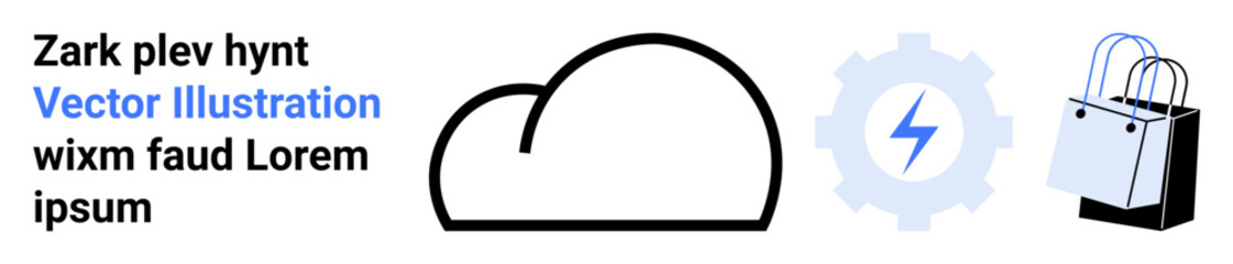 Cloud graphic, shopping bag, gear with lightning bolt. Ideal for cloud technology, e-commerce, energy efficiency, digital marketing, smart solutions, retail strategy flat landing page banner