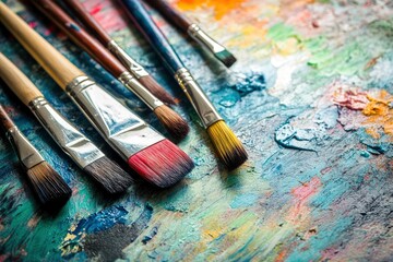 Obraz premium Colorful artist paintbrushes arranged on a vibrant palette showcasing various paint textures and hues