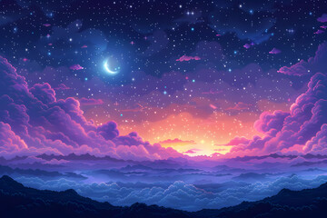 Naklejka premium Pixel Art Night Sky Landscape with Crescent Moon Stars and Colorful Clouds in Purple Blue and Pink Hues