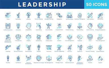 Leadership icons set with vision, motivation, influence, decision making, strategic planning, delegation, communication, emotional intelligence, team building icon. Simple outline color vector 

