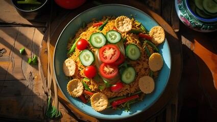 Delicious plate of Indonesian nasi goreng with vegetables, crackers, cucumber, tomato, and sambal, styled on a wooden table with rustic cutlery and checkered napkin.