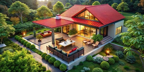 Obraz premium Isometric Fashion Photography of a Chic House with a Red Roof, Vibrant Surroundings, Modern Design Elements, and Stylish Outdoor Features for Trendy Lifestyle Imagery