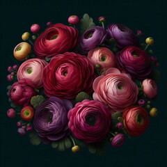 Vibrant Ranunculus Bloom Wall Art – Dark Floral Aesthetic with Rich Red, Pink, and Purple Flowers | Botanical Digital Wallpaper