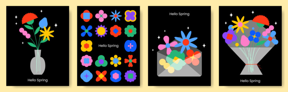 Collection of spring flower poster. 8 March, womens day, mother's day holiday cards set. Bright colorful botanical background, pattern. Modern graphic design elements. Flat style vector illustration.