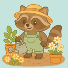 racoon with gardener outfit