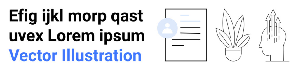 Profile icon, document layout, potted plant, and creative head with arrows in minimalist line art. Ideal for HR, work, innovation, creativity, productivity organization flat landing page banner
