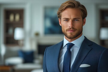 Fototapeta premium Handsome man in suit, sharp blue eyes, blonde hair, in a blurred background