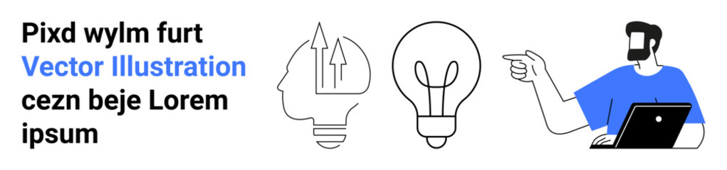 Man using a laptop pointing at innovative ideas represented by a brain and light bulb. Ideal for creativity, brainstorming, innovation, teamwork, business strategy, education, flat landing page