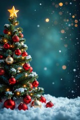 Christmas Tree Background with Snowflakes and Ornaments, decoration, holiday season, winter wonderland